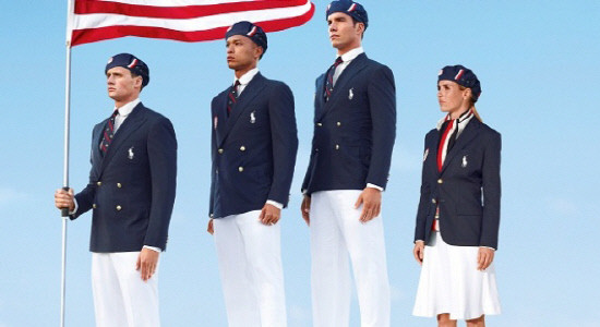 ▲ 랄프로렌이 디자인하고 중국에서 생산된 미국 올림픽대표팀의 단복. 선수들은 런던 올림픽 개폐막식, 스페셜올림픽 개폐막식에서 이 옷을 입는다.