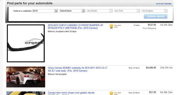 ▲ 온라인 쇼핑몰 '이베이'에서 쉐보레 카마로 바디킷을 검색한 결과. 해외에서는 애프터마켓용 부품을 구입해도 모두 AS를 해준다.