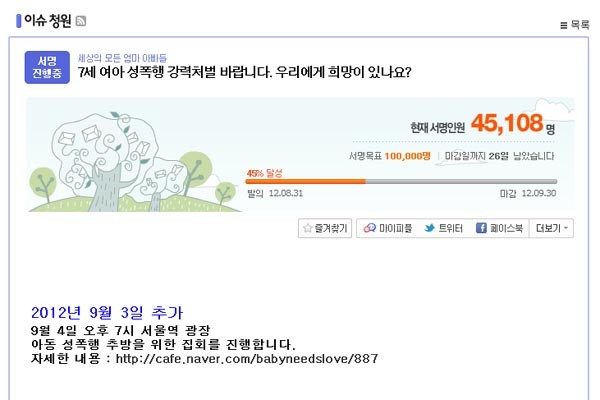 ▲ 주부들이 다음 아고라에서 아동 성범죄자 강력처벌과 악성 댓글을 단 사람에 대한 고소고발 청원을 진행 중이다.