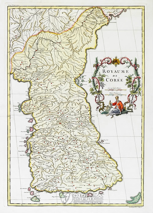 ▲ 프랑스 왕실지리학자 당빌이 1737년 제작한 '조선왕국전도'에는 울릉도와 독도가 중국어 발음으로 표시돼 있다. ⓒ연합뉴스