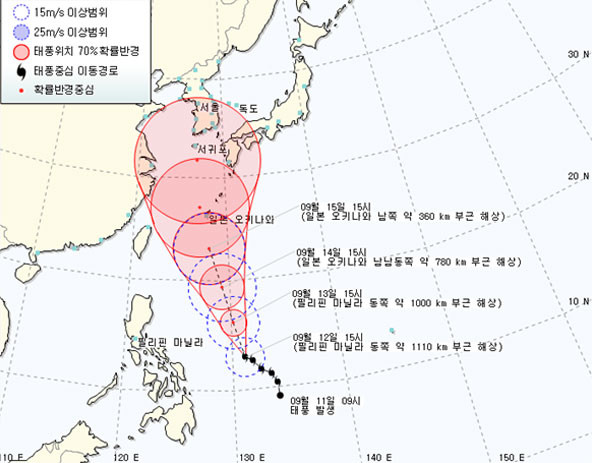 ▲ 태풍 산바의 예상경로 ⓒ기상청