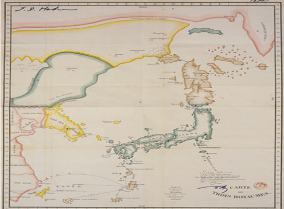 ▲ 1786년 일본인 하야시 시헤이(林子平)가 제작한 <삼국접양지도> 원본. 대마도는 조선반도와 같은 노란색. 일본은 녹색이다. 이 지도는 미국 페리제독이 일본을 개항시키면서 영토를 확인할 때 일본이 내놓은 것, 당시 미국과 영국, 프랑스, 독일이 함께 국제공인한 지도이며 그후 일본이 각국과 조약을 맺을때마다 국가공식지도로 사용했다. 1870년대 일본은 대마도 노란색을 일본과 같은 녹색으로 변조하여 각국에 배포, 노란색 대마도 지도와 바꿔치기 했다. 사진은 1832년 제작 프랑스어판 지도.(김상훈 지음 '일본이 숨겨오는 대마도와 독도의 비밀')