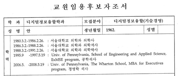 ▲ 안 후보가 서울대융합과학기술대학원장 임용 당시 관련 서류. 문제가 될 소지가 있는 이력부분에는 MBA for Executives Program라는 정식 명칭을 기입했다. 하지만 안 후보는 선거캠프 등 대선 후보로서의 공보물에는 단순히 MBA로만 표기해왔다.
