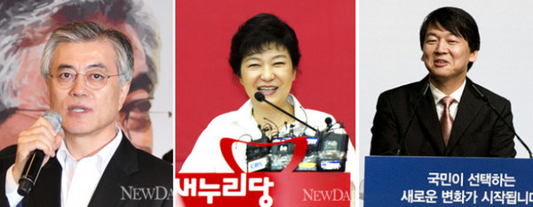 ▲ 오는 12월 19일 치러지는 18대 대통령 선거에 출마한 세 후보들. 왼쪽부터 민주통합당 문재인, 새누리당 박근혜, 무소속 안철수 후보. ⓒ 양호상, 정상윤 기자