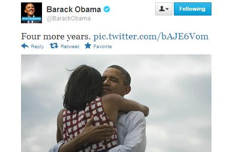 ▲ 버락 오바마 대통령이 재선을 6일 재선을 확정짓자 자신의 트위터에 감사의 글을 올렸다. ⓒ 오바마 트위터