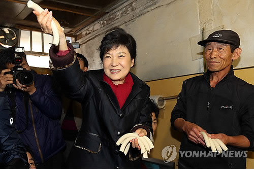 ▲ 새누리당 박근혜 대선 후보가 12일 오후 전북 익산시 금마면 금마시장을 방문, 한 방앗간을 들러 갓뽑은 가래떡을 시민들에게 나눠주고 있다. ⓒ 연합뉴스