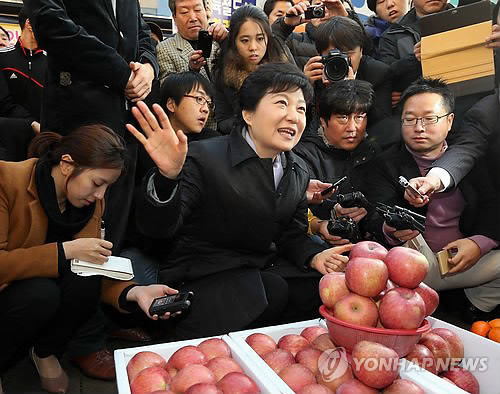 ▲ 새누리당 박근혜 대선후보가 14일 오후 충북 충주시 성서동 차없는 거리를 방문, 과일좌판에 들러 좌판주인과 이야기를 하고 있다. ⓒ 연합뉴스