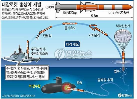 ▲ 국산 대잠로켓 '홍상어'는 개발 당시에는 '세계 최고'라고 알려졌지만 시험발사에서 계속 실패해 재개발 중이다.[사진. 연합뉴스]