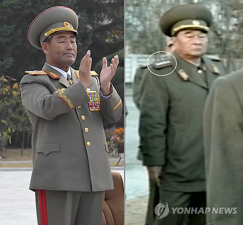 ▲ (서울=연합뉴스) 북한이 김정은 국방위원회 제1위원장에 대한 충성심에 따라 군 지도부를 대거 교체하는 가운데 새 인민무력부장(우리 국방장관에 해당)에 임명된 것으로 알려진 김격식(오른쪽)과 불과 한 달 전까지만 해도 김정은 제1위원장을 수행하다가 갑자기 교체된 김정각.     특히 4군단장 재임 시절 천안함·연평도 사건을 주도한 것으로 알려진 김격식은 한때 대장에서 상장(우리 중장)으로 강등된 것으로 알려졌지만, 이달 19일 북한 매체들이 대장 계급장을 달고 김 제1위원장의 기마중대 훈련장