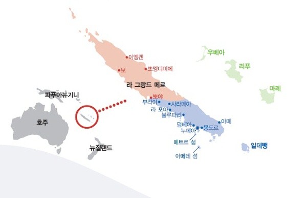 ▲ 뉴칼레도니아 지도. 호주와 뉴질랜드 사이에 있다. 바게트처럼 생긴 본 섬의 남부에 있는 누메아가 수도다.