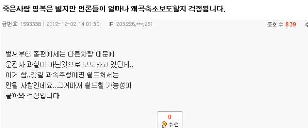 ▲ 한 인터넷 커뮤니티의 댓글. '과속 사고'라고 주장 중이다. 현재 포털과 주요 커뮤니티에 이런 댓글이 달리고 있다.