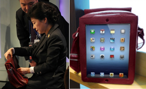 새누리당 박근혜 대통령 후보가 지난 4일 동일한 가방을 들고 있다. (왼쪽), 오른쪽이 태블릿PC 전용가방인 윈도우백. ⓒ 연합뉴스, 자료사진