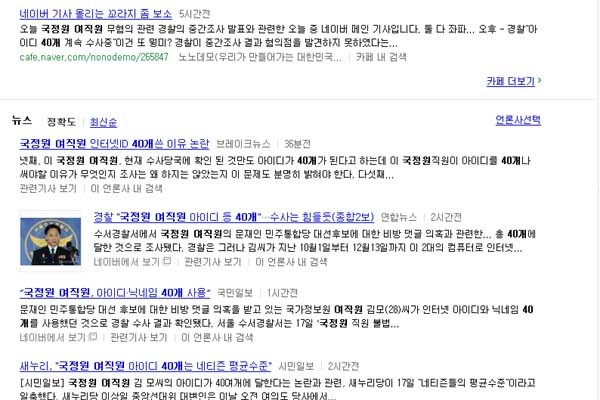 ▲ 네이버에서 '국정원 여직원 ID 40개'로 검색한 결과. 대부분 ID와 인터넷 접속기록 수를 핵심으로 보도했다.