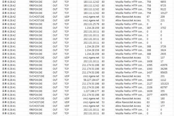 ▲ 인터넷 접속기록을 감시하는 프로그램으로 본 '네이버' 메인화면 접속기록. 한 페이지를 접속할 때 이렇게 많은 기록이 남는다.