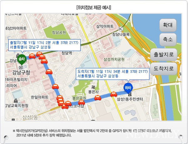 ▲ 위치벙보 제공 예시: 택시안심귀가(GPS안심) 서비스의 위치정보는 서울 법인택시 1만7,693대(24.5%)에서 서비스되고 있다. 내년까지 개인택시에 100% 장착되면 시내 모든 택시에서 서비스를 제공하게 될 것으로 보인다.