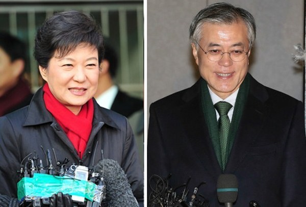 ▲ 새누리당 박근혜 대통령 후보와 민주통합당 문재인 후보가 19일 오전 투표를 마친 뒤 나오고 있다. ⓒ 뉴데일리,연합