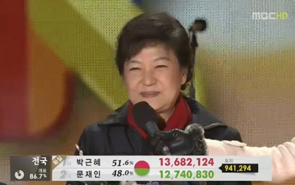 ▲ 새누리당 박근혜 대통령 후보가 19일 광화문 광장에서 대국민 메시지를 내놓고 있다. ⓒ MBC 방송화면 캡쳐