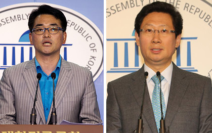 ▲ 같은 인사 문제에 새누리당은 민주당에 축하를 건넸고, 민주당은 새누리당에 사퇴를 요구했다. 사진은 박용진 민주당 대변인(왼쪽)과 이상일 새누리당 대변인(오른쪽) ⓒ 자료사진