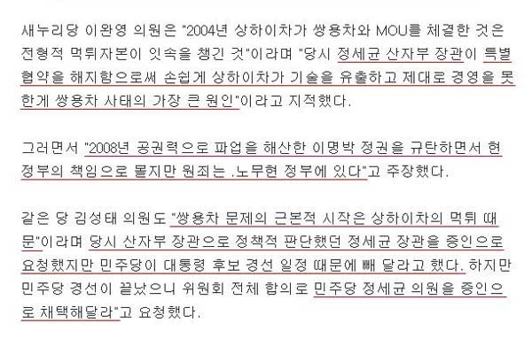 ▲ 2012년 9월 국회에서 '쌍용차 국정감사' 주장이 나온 뒤 새누리당 이완영 의원이 지적한 내용.