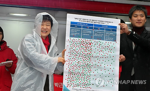 ▲ 지난해 12월14일 대선 유세 당시 대학등록금 인하 의견이 담긴 설문판을 전달받고 있는 박근혜 대통령 당선인.ⓒ 연합뉴스