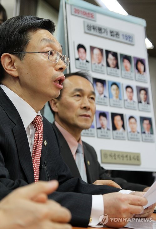 ▲ 2011년 1월 서울 서초동 서울고법 기자실에서 '2010 법관 평가' 결과를 발표하는 김현 변호사(당시 서울변회장).ⓒ 연합뉴스