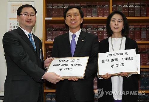 ▲ 새누리당 김기현 원내수석부대표와 신의진 원내대변인이 30일 오후 정부조직법 및 관련 법률 개정안을 국회 의안과에 제출하고 있다. 2013.1.30  ⓒ 연합뉴스
