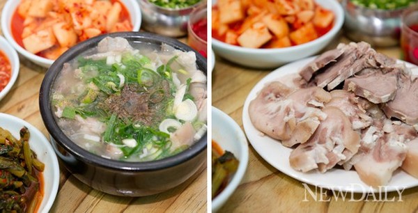 ▲ 연탄불로 20시간 넘게 끊여내는 도가니 육수에 머리고기가 가득한 대흥식당의 돼지머리국밥(왼), 1년 동안 저장해 내놓는 무청김치와 잘 어울리는 머리고기 한 접시(오른)  ⓒ 정상윤