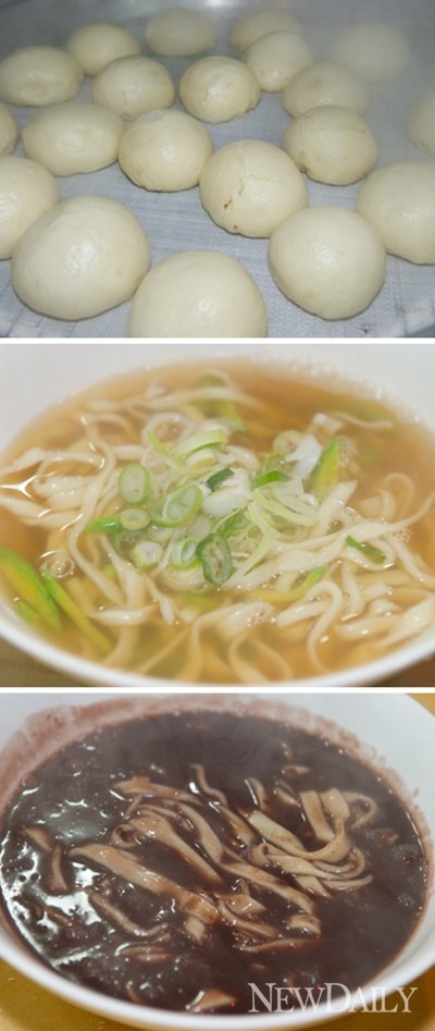 ▲ 팥이 가득 들어있는 서울왕진빵, 옛날손칼국수의 칼국수와 팥칼국수(위에서부터) ⓒ 정상윤