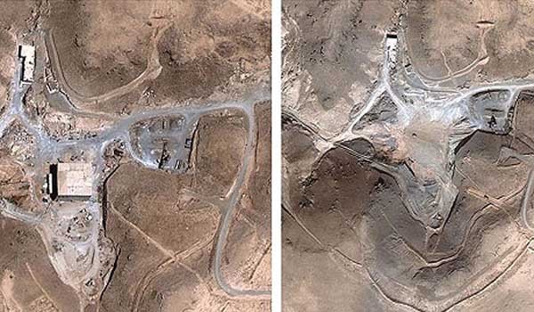 이스라엘 공군이 폭격한 시리아 핵시설의 전후 사진. 시리아 핵시설에는 북한 과학자들이 있었다.