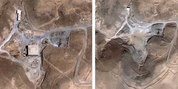▲ 이스라엘은 2007년 9월 5일 오후 11시 59분 '선버스트 작전'을 펼쳐 시리아 핵시설을 파괴했다. 사진은 폭격 전(왼쪽)과 폭격 후(오른쪽)의 모습.