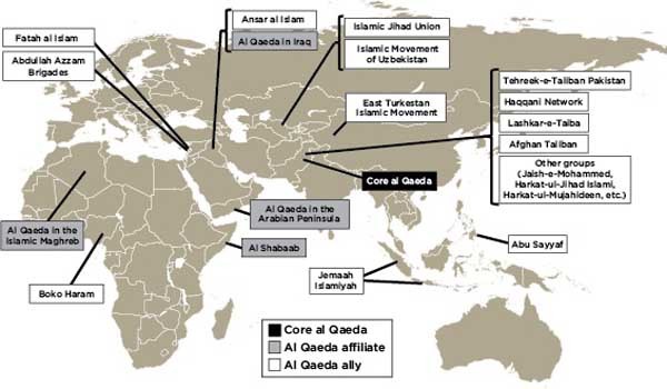 ▲ 美랜드(RAND) 연구소가 만든 알 카에다 연계조직 지도. 모사드는 중남미 지역에도 알 카에다 연계조직이 있다는 걸 알아냈다.