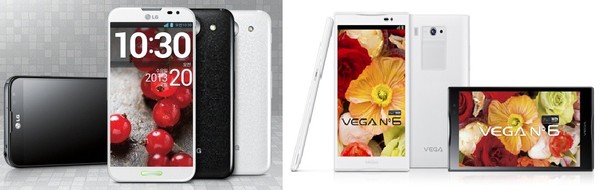 ▲ 왼쪽부터 LG전자의 옵티머스G 프로와 팬택의 베가 넘버6 풀HD