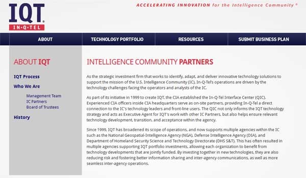 ▲ 인큐텔 홈페이지에 소개된 정보기관과의 관계.[홈페이지 캡쳐]