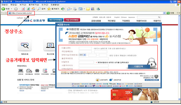 ▲ 파밍에 의해 유도된 피싱사이트 ⓒ 금융감독원