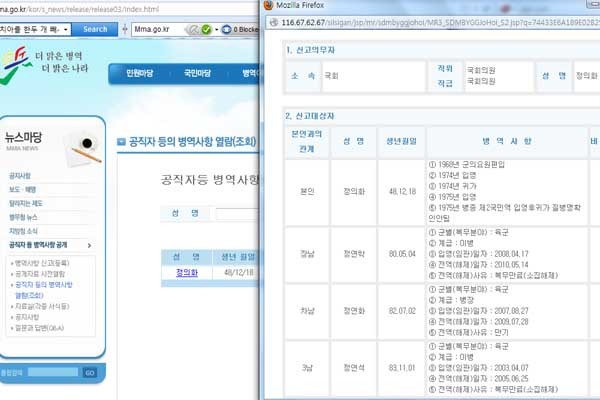 ▲ 병무청에서 공개하는 정의화 새누리당 의원과 가족의 병역사항.