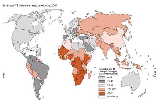 ▲ 2007년 세계 결핵발병률 분포도. 우리나라도 환자가 많은 편이다.