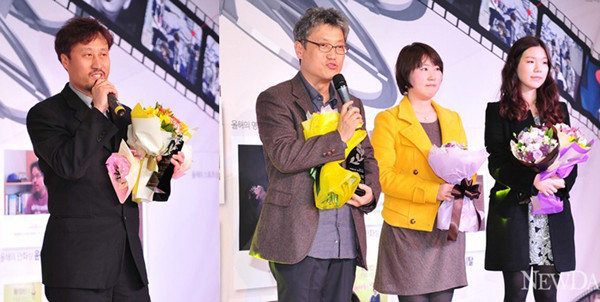 ▲ 좌측부터 유인수 연우무대 대표와 ‘날아라 박씨’의 권호성 연출, 정준 작가, 조한나 작곡가 ⓒ정상윤 기자