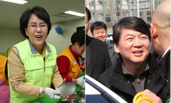 ▲ 15일 서울 노원병 일대에서 유권자들을 만나고 있는 (왼쪽부터) 진보정의당 김지선, 무소속 안철수 예비후보.  ⓒ 연합뉴스