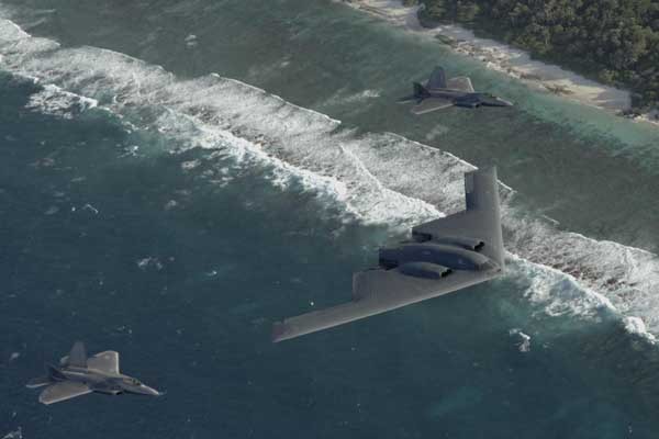 ▲ 김정은과 [평양 것들]이 대남도발을 했을 때 보게 될 장면. B-2 스텔스 폭격기와 F-22 스텔스 전투기가 나란히 비행하고 있다.