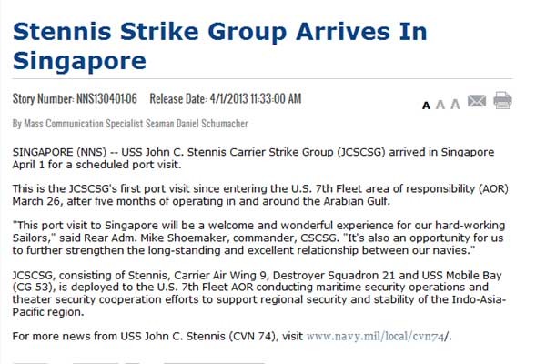▲ CVN-74 <존 S. 스테니스> 항모 전투단이 지난 1일 싱가포르에 입항했다는 소식이다.