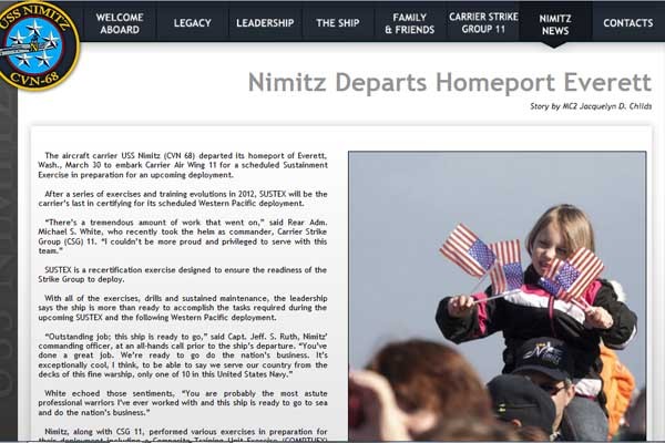 ▲ CVN-68  항모전투단의 홈페이지에 올라 있는 소식. 지난 3월 30일 모항인 워싱턴주 에버렛을 떠났다는 내용이다.
