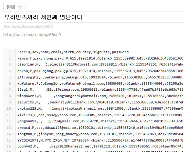 ▲ .어나니머스'가 폭로한 '우민끼' 회원명부가 '일베'에 올라왔다.ⓒ