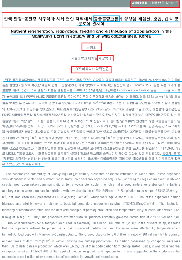 ▲ NLL 와해의 실질적-이론적 토대를 만든 남정호 연구원은 플랑크톤을 연구하는 미생물분야의 학자로서 NLL 와해의 돌격대로 변신하게 된다. 남정호 연구원의 석사학위 졸업논문 [한국 만경-동진강 하구역과 시화 연안 해역에서 동물플랑크톤의 영양염 재생산, 호흡, 섭식 및 분포에 관하여(1995)] 요약