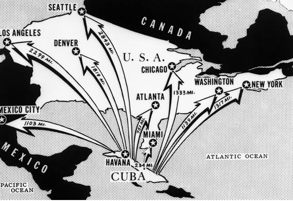 소련이 쿠바에 비밀배치한 미사일의 사정거리.