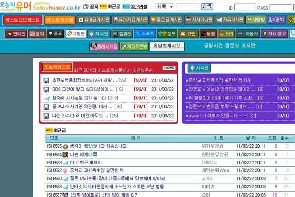 ▲ '국정원녀'가 댓글을 달며 종북세력을 쫓았다는 커뮤니티 사이트 '오늘의 유머'. 상당히 폐쇄적이라고 알려져 있다.
