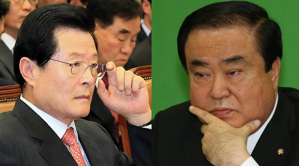 ▲ (왼쪽부터)허태열 청와대 비서실장과 문희상 민주당 비대위원장 ⓒ 연합뉴스