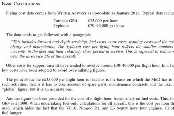 ▲ 영국군이 의회에 제출한 '유로파이터 타이푼'의 운용유지비용을 설명한 대목. 2011년 리비아 공습과 평시 운영유지비를 비교했다.