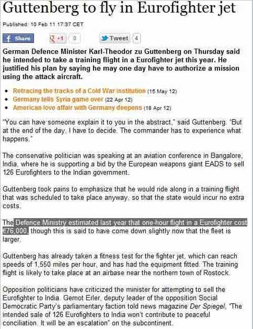 ▲ 독일군이 연방의회에 제출한 '유로파이터 타이푼'의 운영유지비 관련 지역신문의 보도내용.
