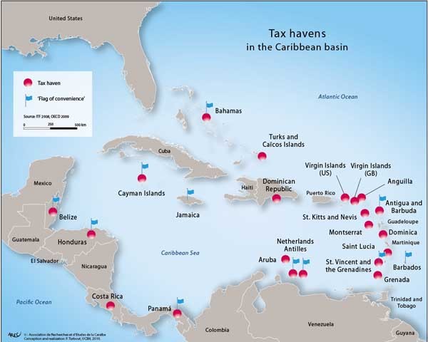 ▲ 카리브해의 조세피난처 위치. 조세피난처의 다수가 중남미 카리브해와 유럽에 있다. 대부분은 자치령으로 주권은 없지만 독립적인 경제활동을 영위하는 곳이다.