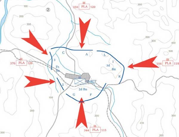 ▲ 지평리 전투 당시의 상황 지도. 美23연대와 프랑스 대대는 4개 사단 이상의 적과 맞서 싸워 이겼다.